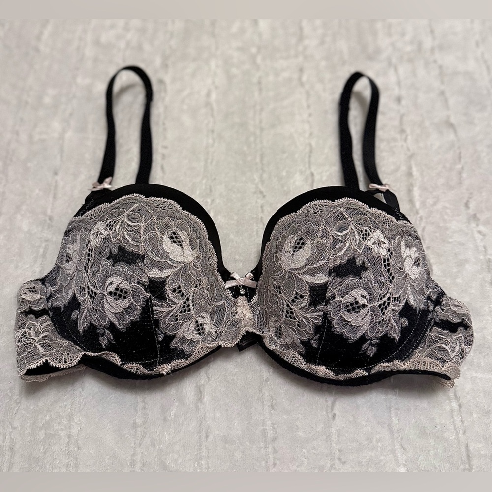 Victoria’s Secret Dream Angels Lined Demi Bra Womens 36C Lace Padded Black Beige
